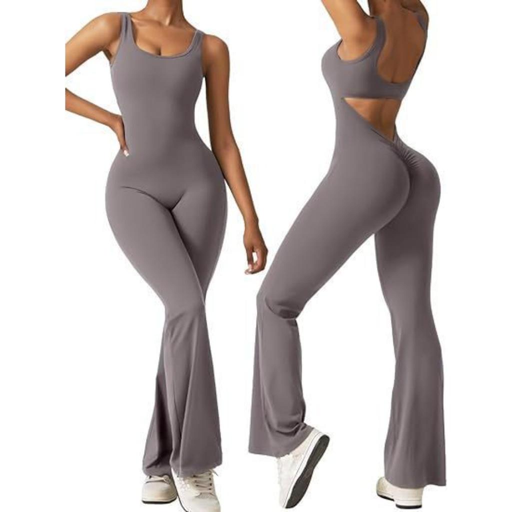 Women's Square Neck Sleeveless Jumpsuit Slim High Waist Back Cutout Flare Yoga Unitard