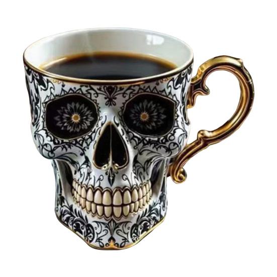 Gothic Skull Coffee Mug Royal Skeleton Cup with Gold Trim Resin Goth Tea Cup Unique Halloween Gift for Skull Lovers