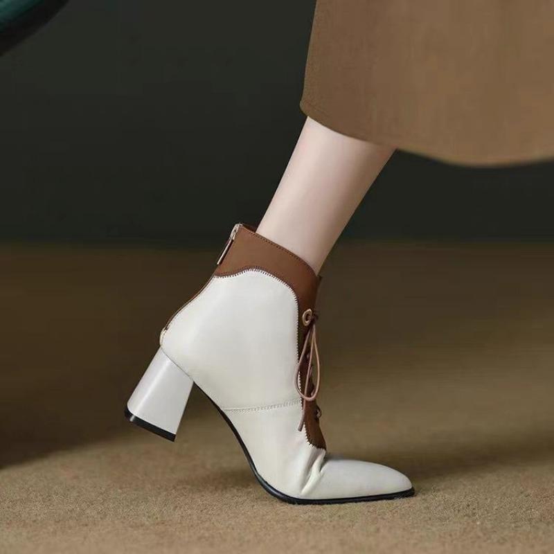 Fashion Color Blocking Heeled Ankle Boots for Women Autumn Winter Leather Lace-up Booties High Quality Hot Pointed Toe Woman Short Shoes