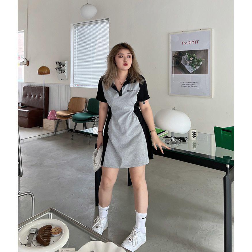 

Plus Size Polo Collar Color Block Slimming Summer Dress with Waist-Cinched Design for Women L: Recommended for 100-120 lbs