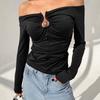 Black Polished Knitted Sexy Slim-fit One-word Collar Off-the-shoulder T-shirt European and American Spring and Summer Fashion New Top Women