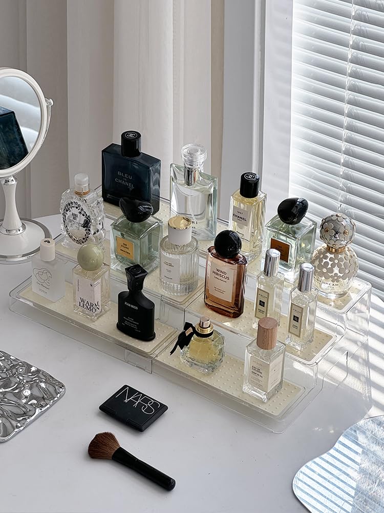 ACSTORi Perfume Storage Figure Display Telescopic Cosmetic Storage Adjustable Height Clear PET TPR Mat No Installation Perfume Organizer Rack, Stand,