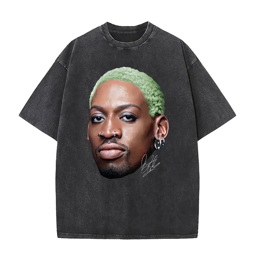 2026 Dennis Rodman Camiseta Lavada Vintage para Hombre y Mujer Genial Hip Hop Gótico Camisetas Oversize Cuello Redondo Moda de Alta Calidad Streetwear