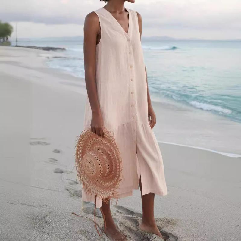 Solid Color V Neck Sleeveless Loose Waist Long Dress Women Casual Commute Vacation