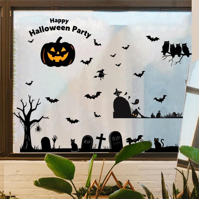 Autocollant de Fenêtre Réutilisable pour Halloween Design Chauve-souris et Citrouille Autocollant Statique Décorations Pour Usage Intérieur et Extérieur