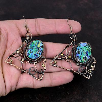 Abalone-Muschel Ohrring Kupferdraht-Wickelohrringe Abalone-Muschel Schmuck Handgefertigter Ohrring Geschenk für Sie Edelstein Ohrring Kupferdraht Schmuck