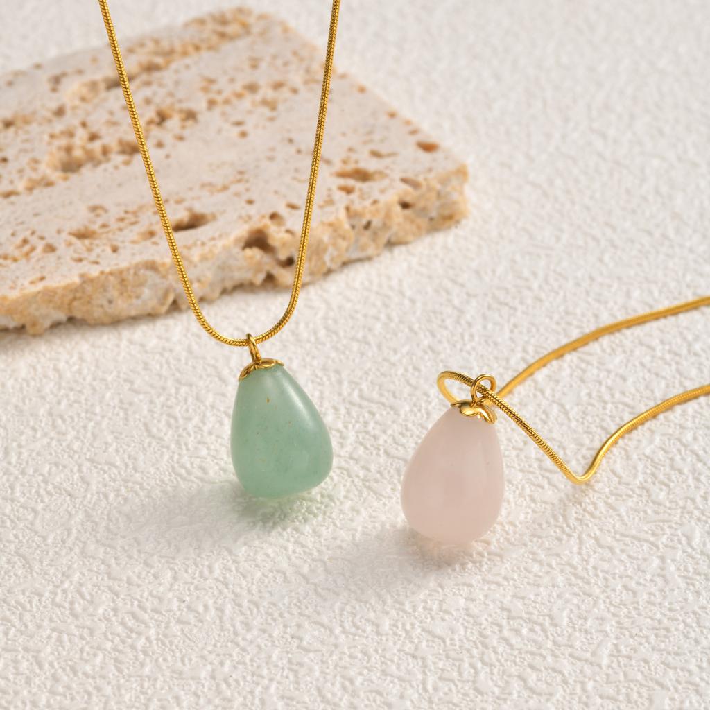 Vnox Elegant Natural Pink Quartz Green Aventurine Pendant Necklaces for Women, Waterdrop Gemstone Snake Chain Party Jewelry Gift