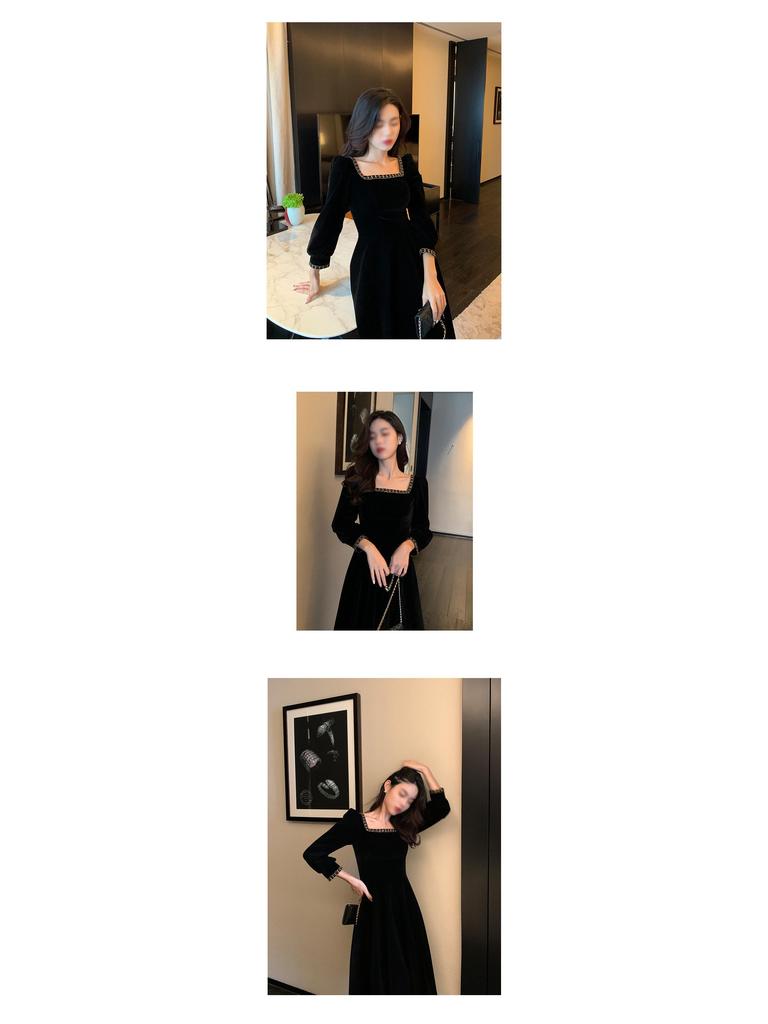 French Velvet Dress with Gold-Edged Square Collar - Retro Hepburn Style, New Spring/Autumn Collection, Black, Mid-Length Skirt