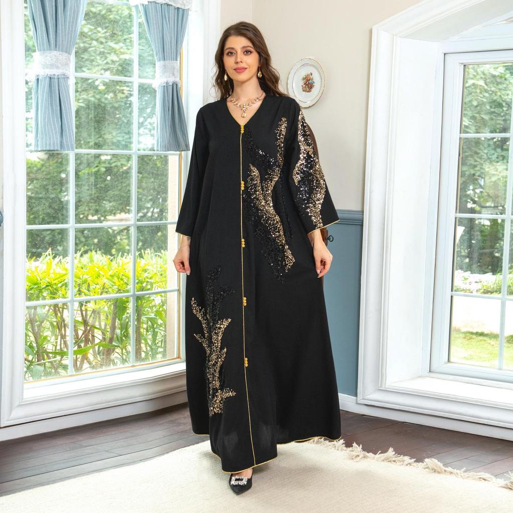 AB309 Women's Sequin Embroidered Muslim Long Dress - Autumn Dubai Jalabiya