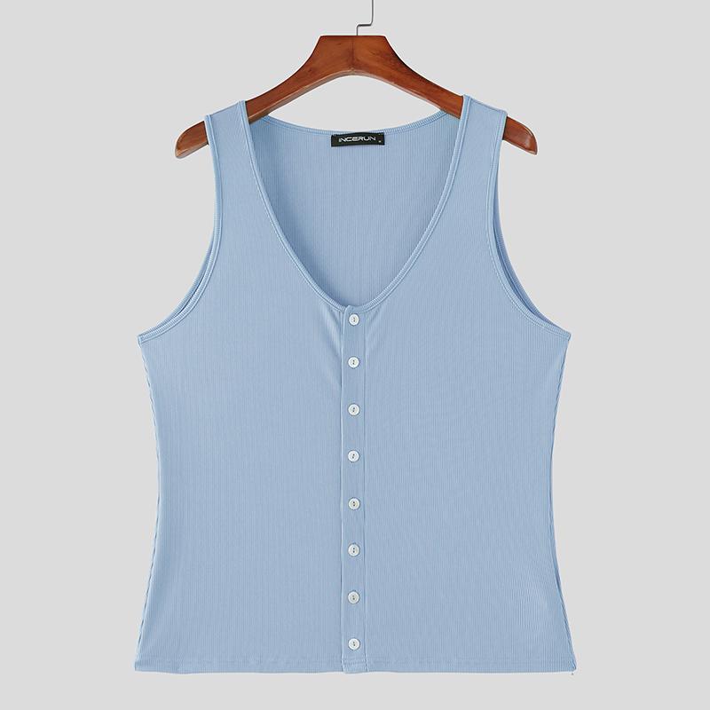 INCERUN Summer Men V Neck Sleeveless Ribbed Casual Loose Tank Tops