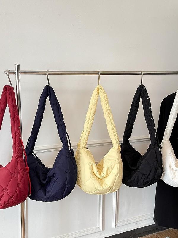 Unisex Cotton Padded Crossbody Bag Featuring Wrinkled Design And Large Capacity