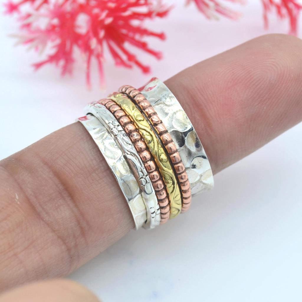 Three Tone Spinner Band Ring Solid 925 Sterling Silver Handmade Jewelry For Xmas Gift