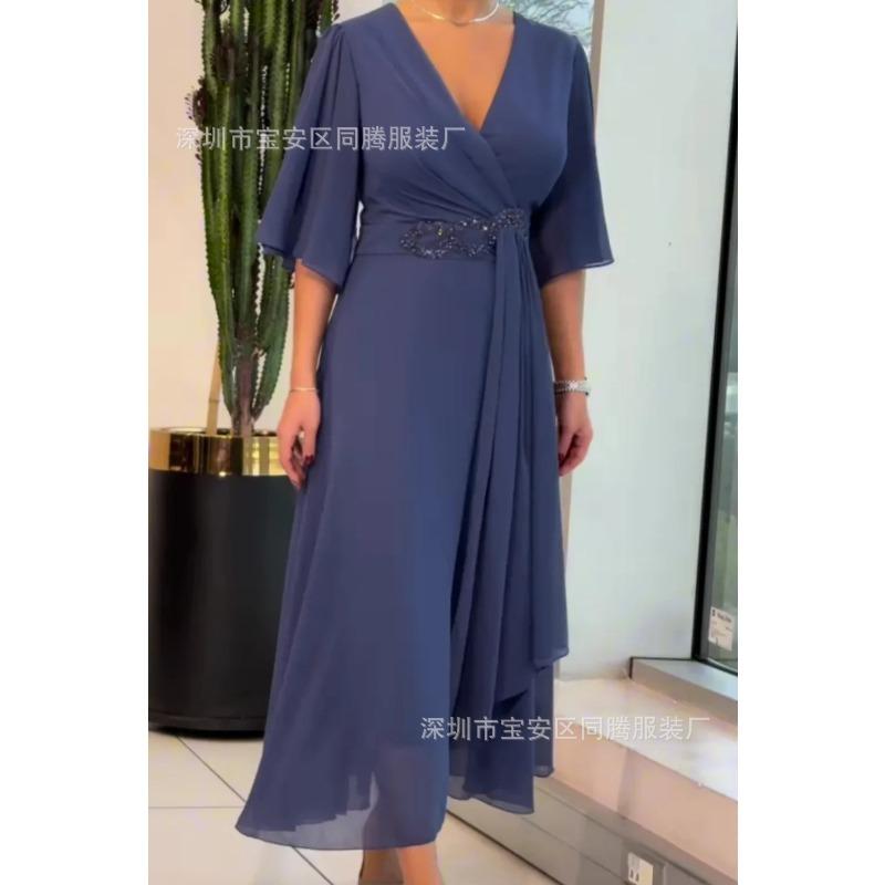 Nouvelle robe midi et longue en mousseline unie, sexy, à taille cintrée et col en V pour femmes