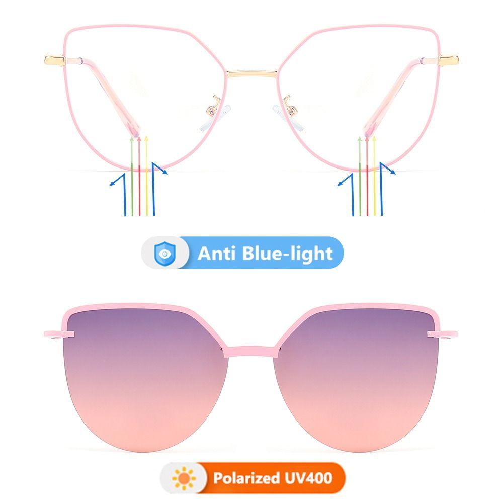 New Fashion 3 In-1 Glasses Metal Frame Cat Eye Anti Blue Light Glasses With 1Pc Magnetic Clip-On Sunglasses Lenses