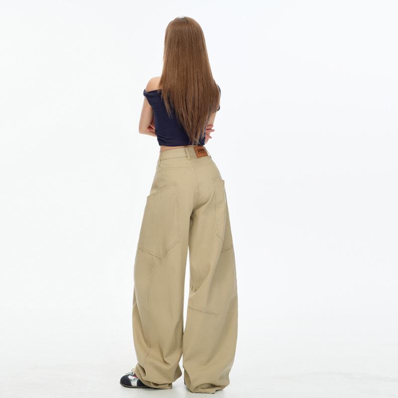 Women's 2025 Khaki American Retro Wide-Leg Bootcut Jeans with Large Pockets