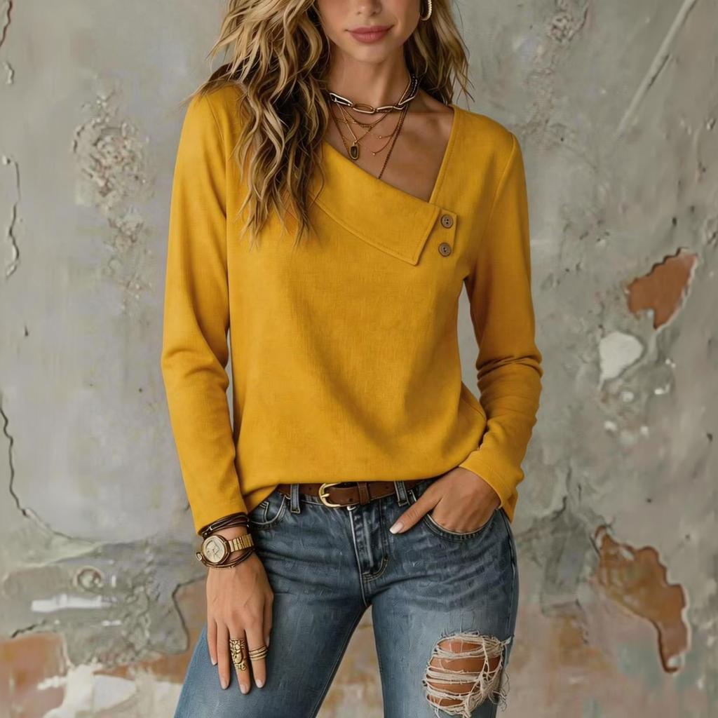 Women's Long Sleeve V-Neck Button Down Shirt for Fall and Winter