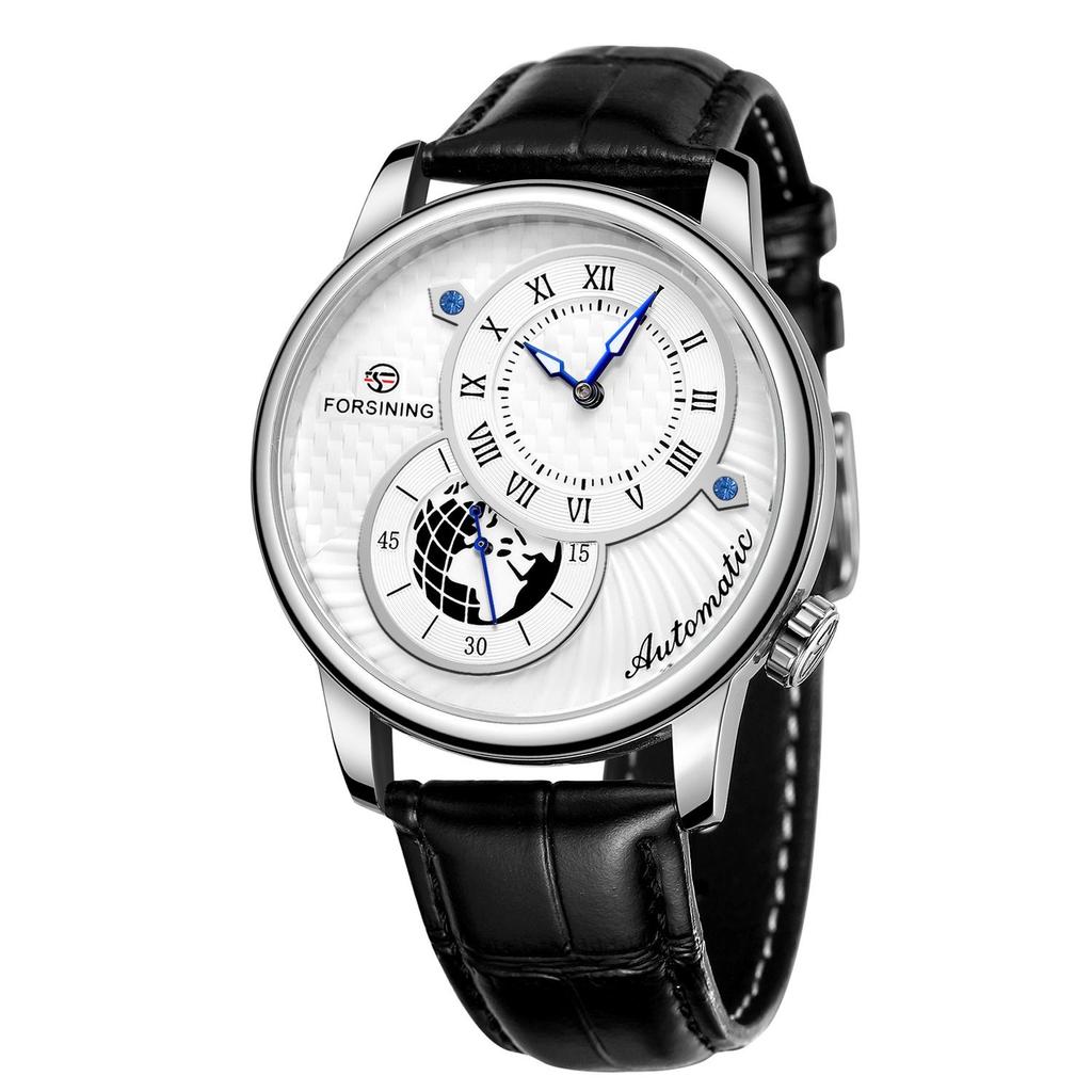 Forsining Men' S Mechanical Watch Fashion Double Dial Automatic Winding Men Wristwatches Sport Genuine Leather Clock For Man