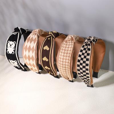 Vintage Print Wool Satin Patchwork Headband for Women Ladies Shopping Party Photograph Hair Hoop Accessories
