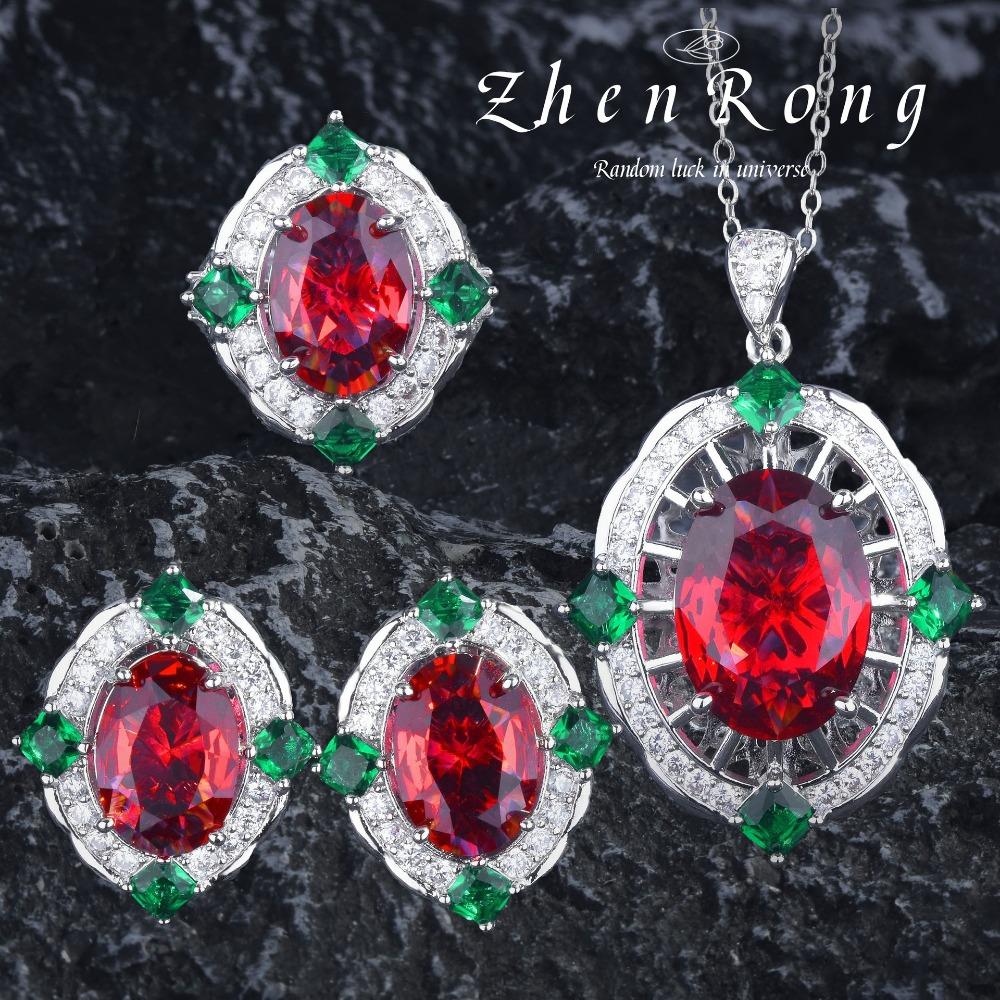 

Luxury European Women Jewelry Set Fanta Color Pendant Necklace Pigeon Blood Ruby Ring Earrings Gemstone Set