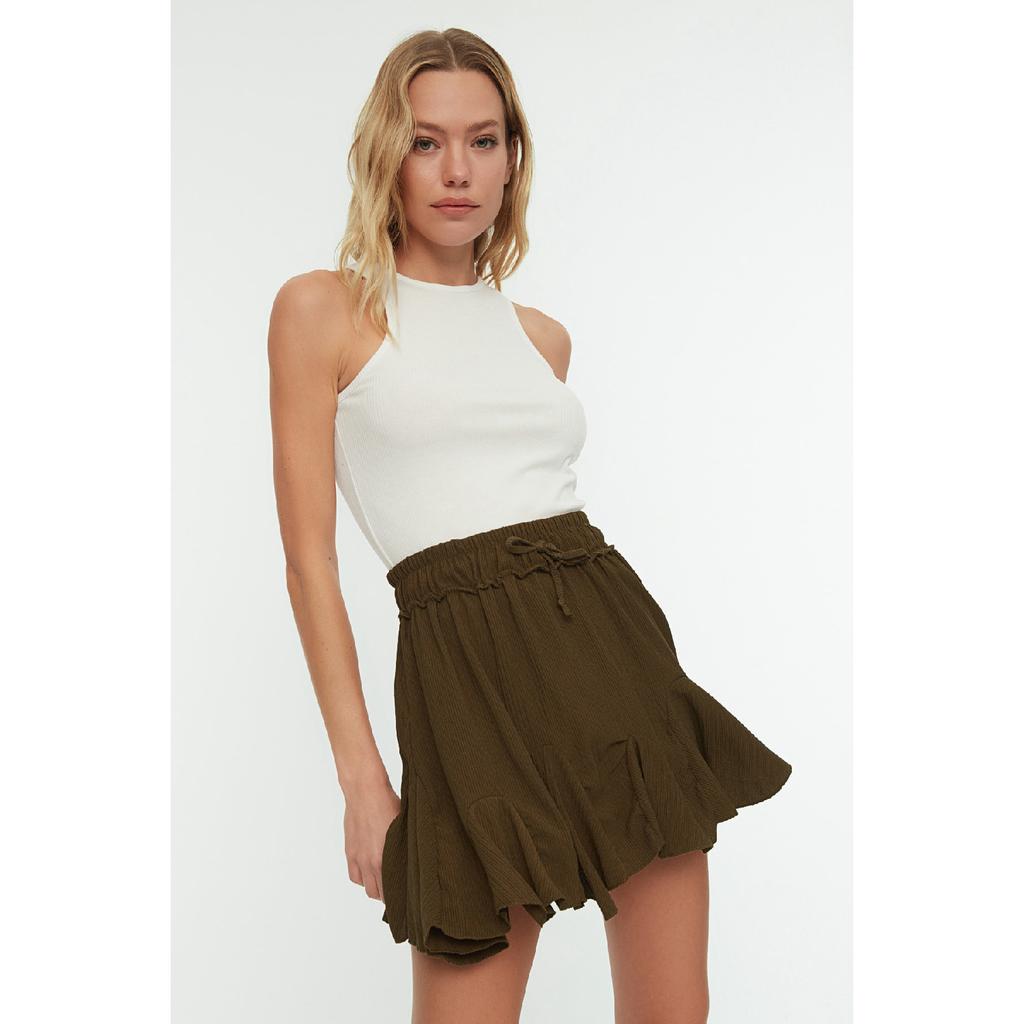 Schwarzer Rock mit Rüschen und normaler Taille, Mini-Strickrock aus Krepp Twoss21et0056