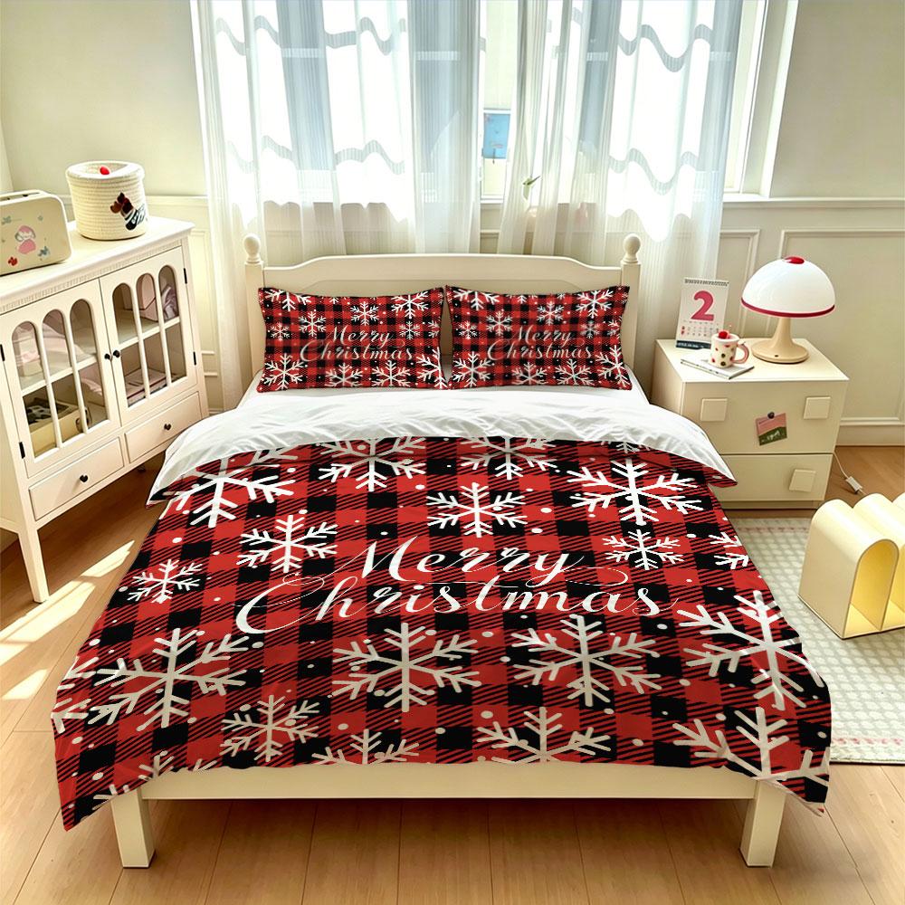 3pcs(1 Bedspread + 2 Pillowcases) Featuring a Red and Black Plaid Snowflake Christmas Pattern, Perfect for Home Decoration