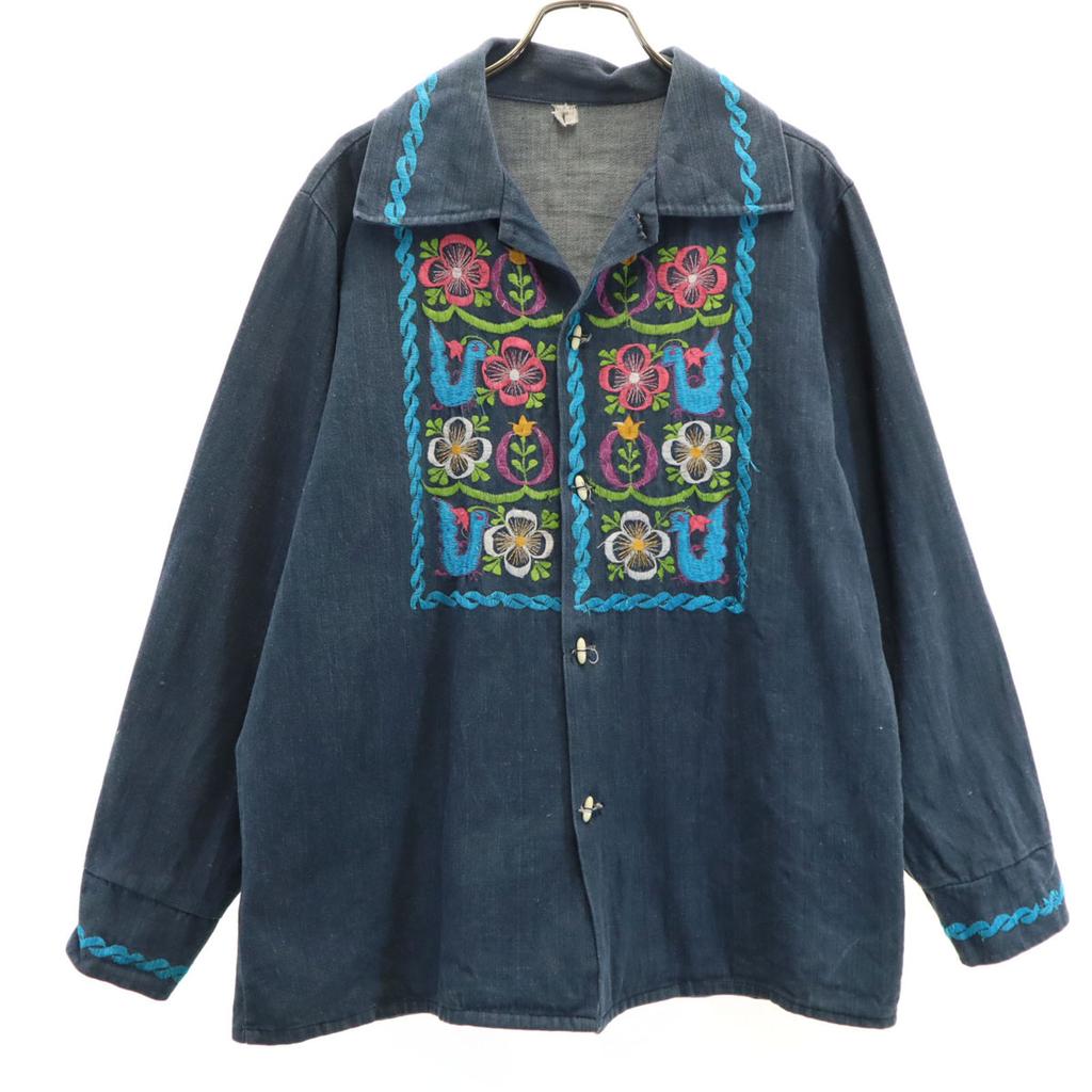 80s 90s Old flower embroidery Shirt jacket 40 Navy Men's Used