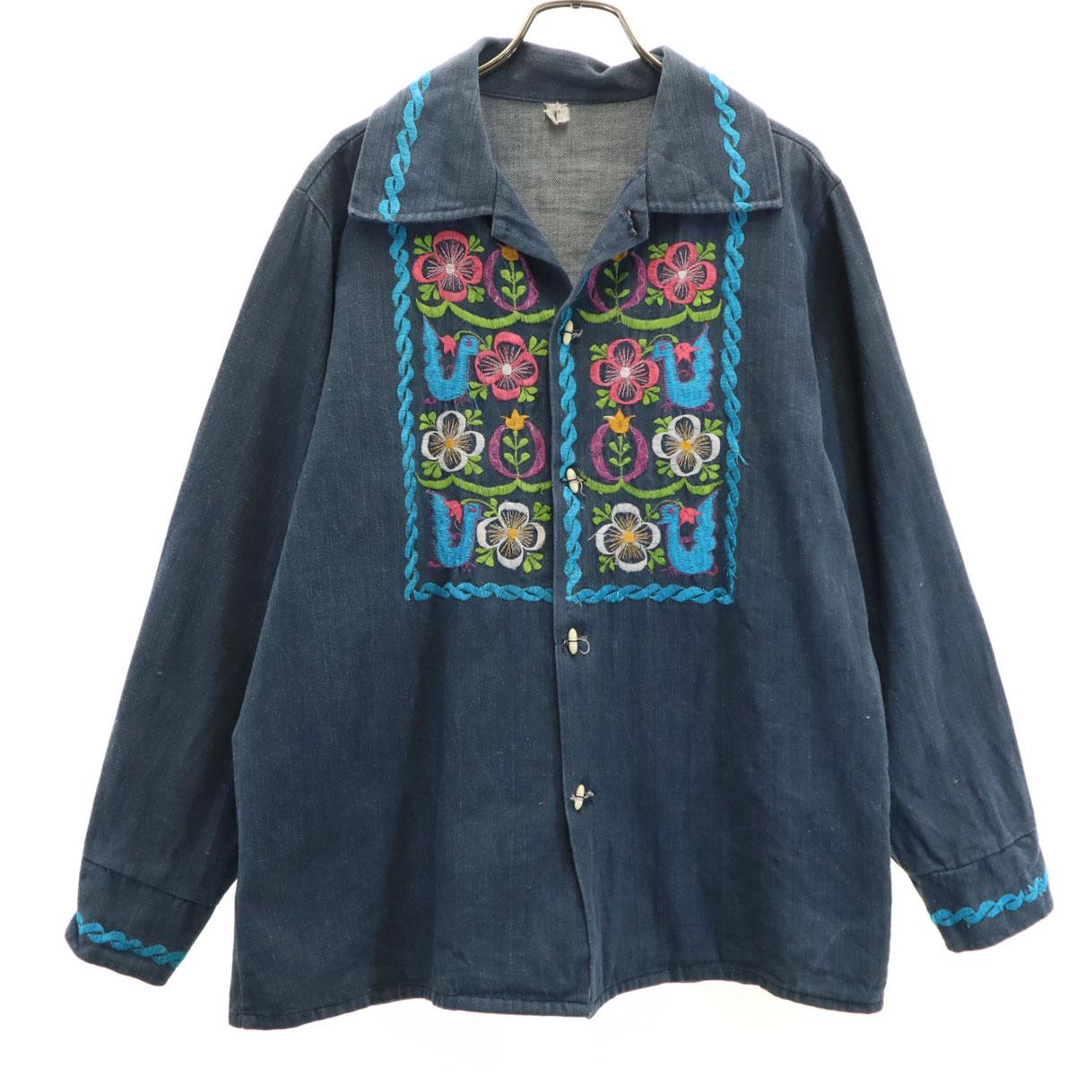 

Рубашка-куртка 80-х 90-х годов со старинной цветочной вышивкой 40 Темно-синяя Мужская Б/У