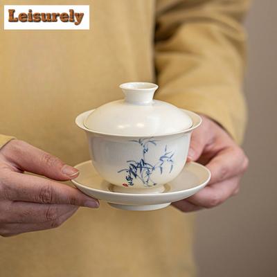 Ancient Soda Glazed Hand Drawn Bamboo Gaiwan Antique Tea Tureen Tea Bowl With Lid Kit Tea Brewing Cover Bowl Tea Services Gifts