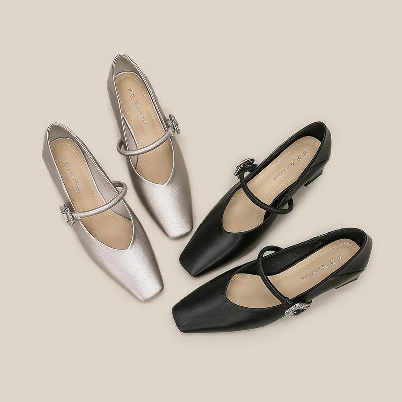 H759-6 silver Mary Jane high heels small fragrant satin word with square head thick heel women's shoes rhinestone spring and summer