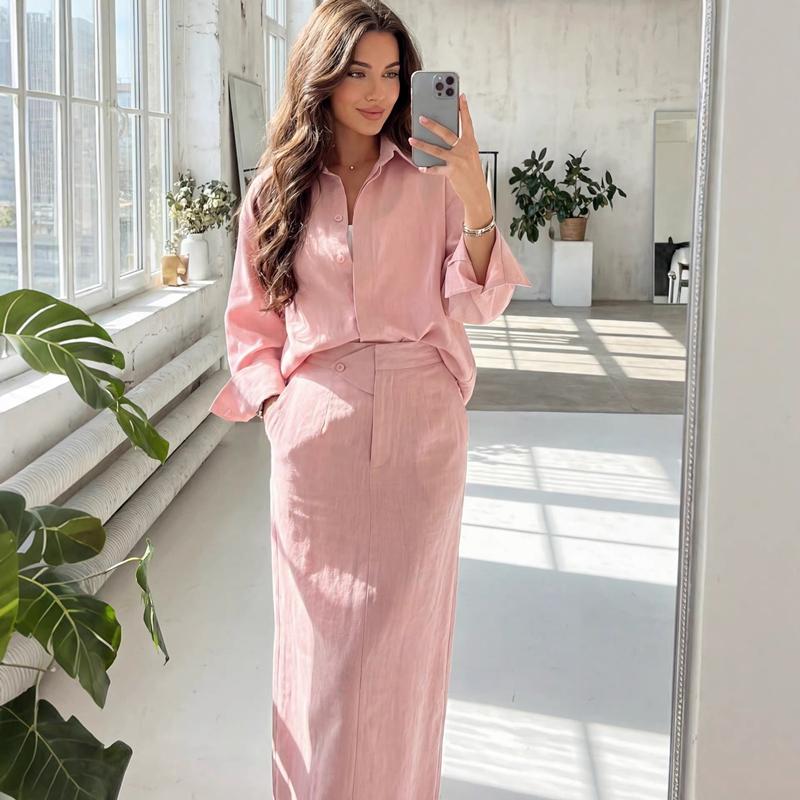 Elegantes Damen-Leinen-Set 2-teilig Bescheidenes Oversized-Hemd mit Knöpfen + Maxirock mit hoher Taille Lässiges schickes Co-ord-Outfit für den Frühling