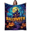 1pc Spooky Halloween Night Flannel Blanket - Soft & Warm 280gsm All-Season Cozy Throw with Haunted House, Bats, Jack-O-Lanterns & Gothic Lettering - M