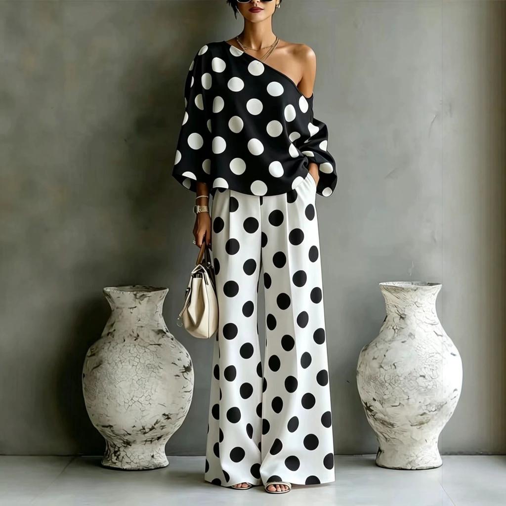 1116 Estate europea e americana nuovo colore pois off-the-shoulder elegante completo pantalone due pezzi per donna