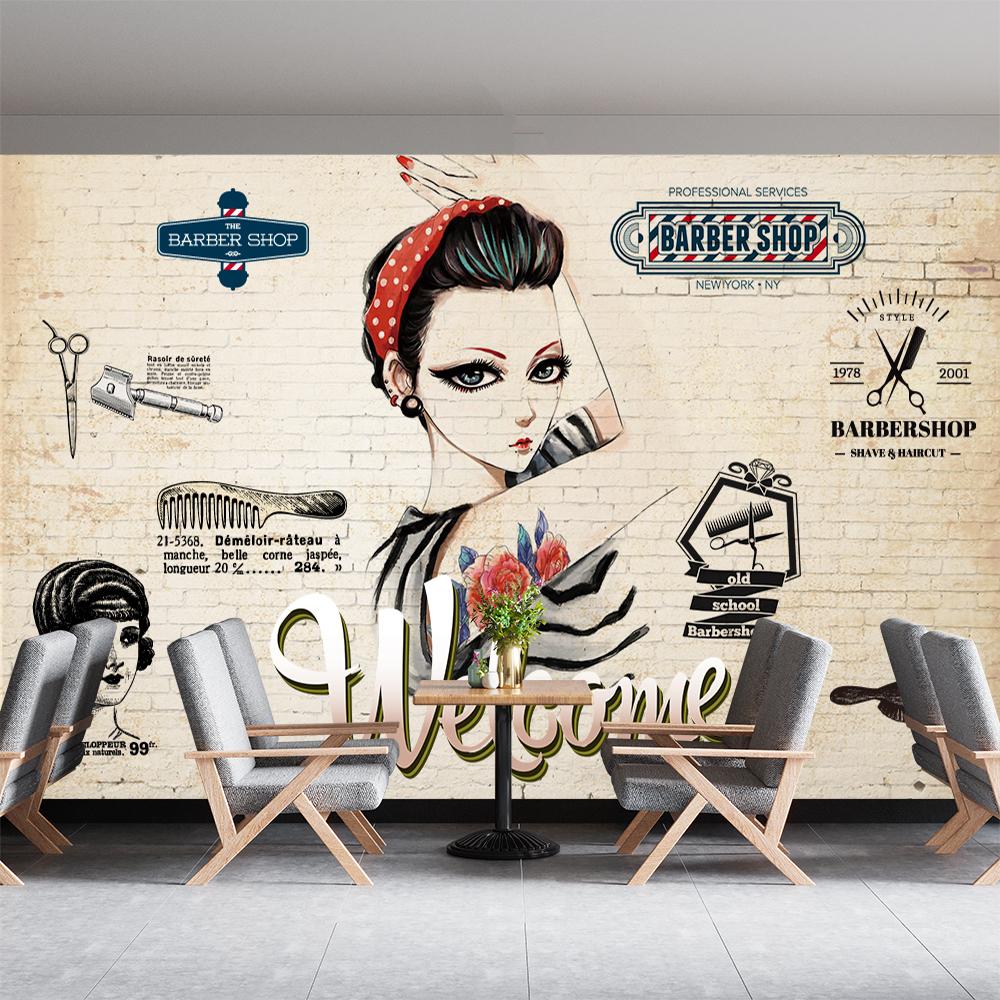 Retro Industrial Style Beauty Salon Mural Hair Salon Brick Background Wall Paper Barber Shop Decor Mural Wallpaper
