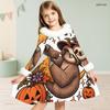 Girls Furry Trim High Neck Long Sleeve A Line Flared Hem Ghost Pumpkin Floral Printed Dress