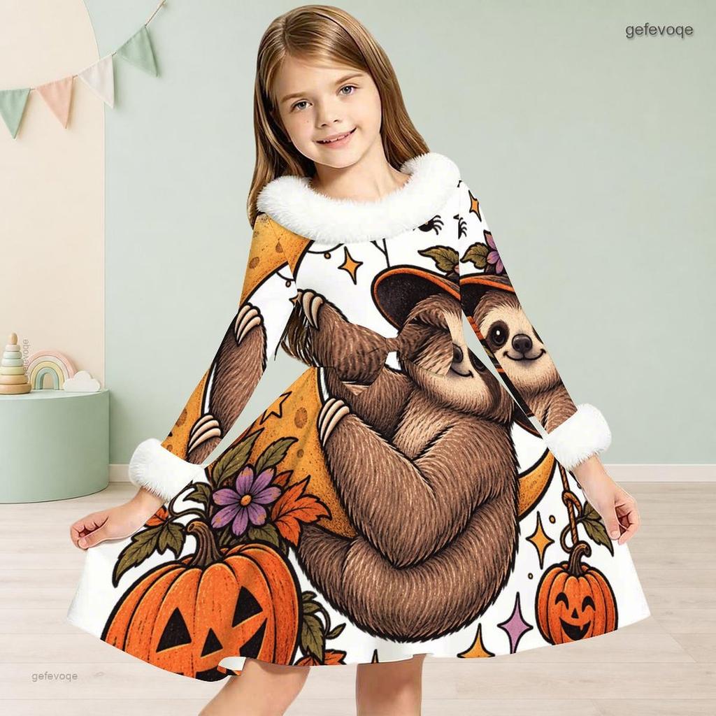 Girls Furry Trim High Neck Long Sleeve A Line Flared Hem Ghost Pumpkin Floral Printed Dress
