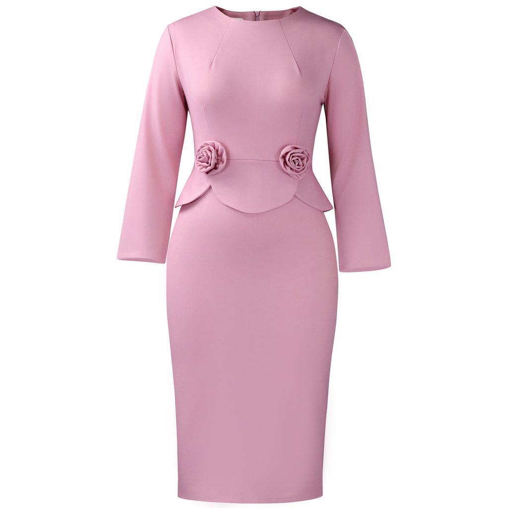 Long Sleeve Bodycon Dress with 3D Flower Details