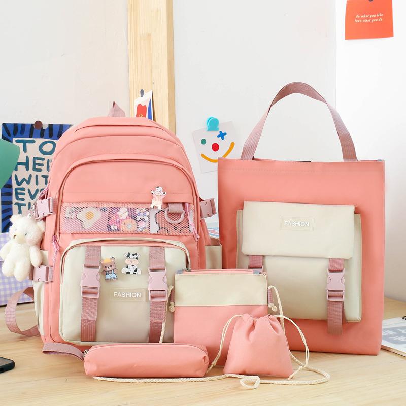 New five-piece schoolbag women's color matching large-capacity junior high school backpack middle school backpack