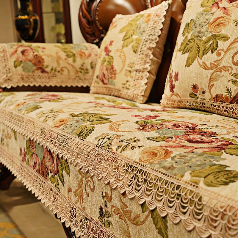 Europäischer Sofakissen mit Spitzensaum, für alle Jahreszeiten, universeller, rutschfester Jacquard-Schonbezug, moderne Wohndekoration, luxuriöser Sofabezug