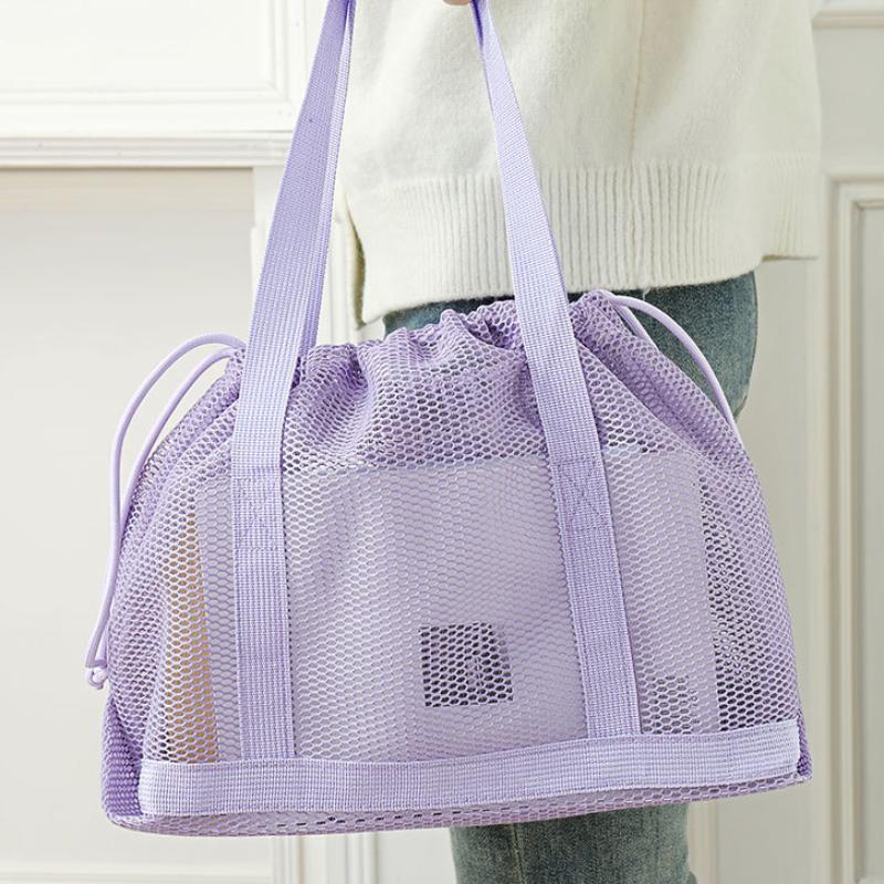 Mesh Drawstring Tote Bag Quick Dry Durable Large Capacity Multipurpose Handbag for Gym Swimming Beach Outdoor Hiking Use