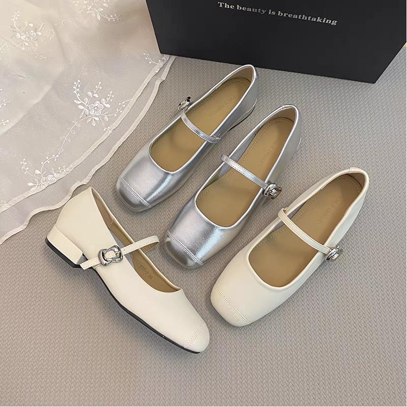 Mary Jane Shoes Female High Quality Leather Buckle Ballet Shoes for Women Square Toe Flat Cowhide Ladies Single Shoes 2025