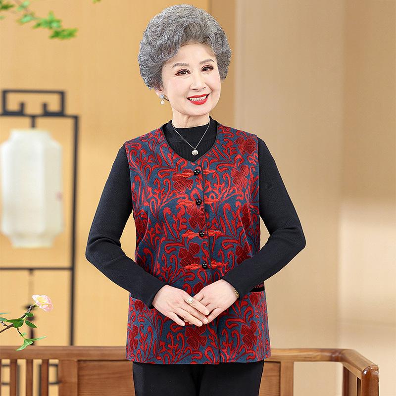 

Elderly Women s Stand Collar Printed Cape Vest - Cozy Loose Fit for Spring & Autumn 2XL червоний