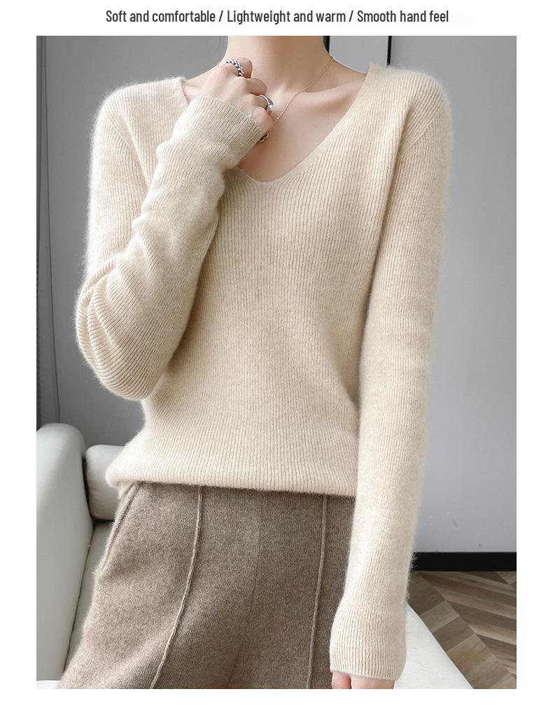 Women's 2023 Pure Wool Knit Sweater – Collar Base Layer, Solid Color, V-Neck Pullover for Autumn/Winter.