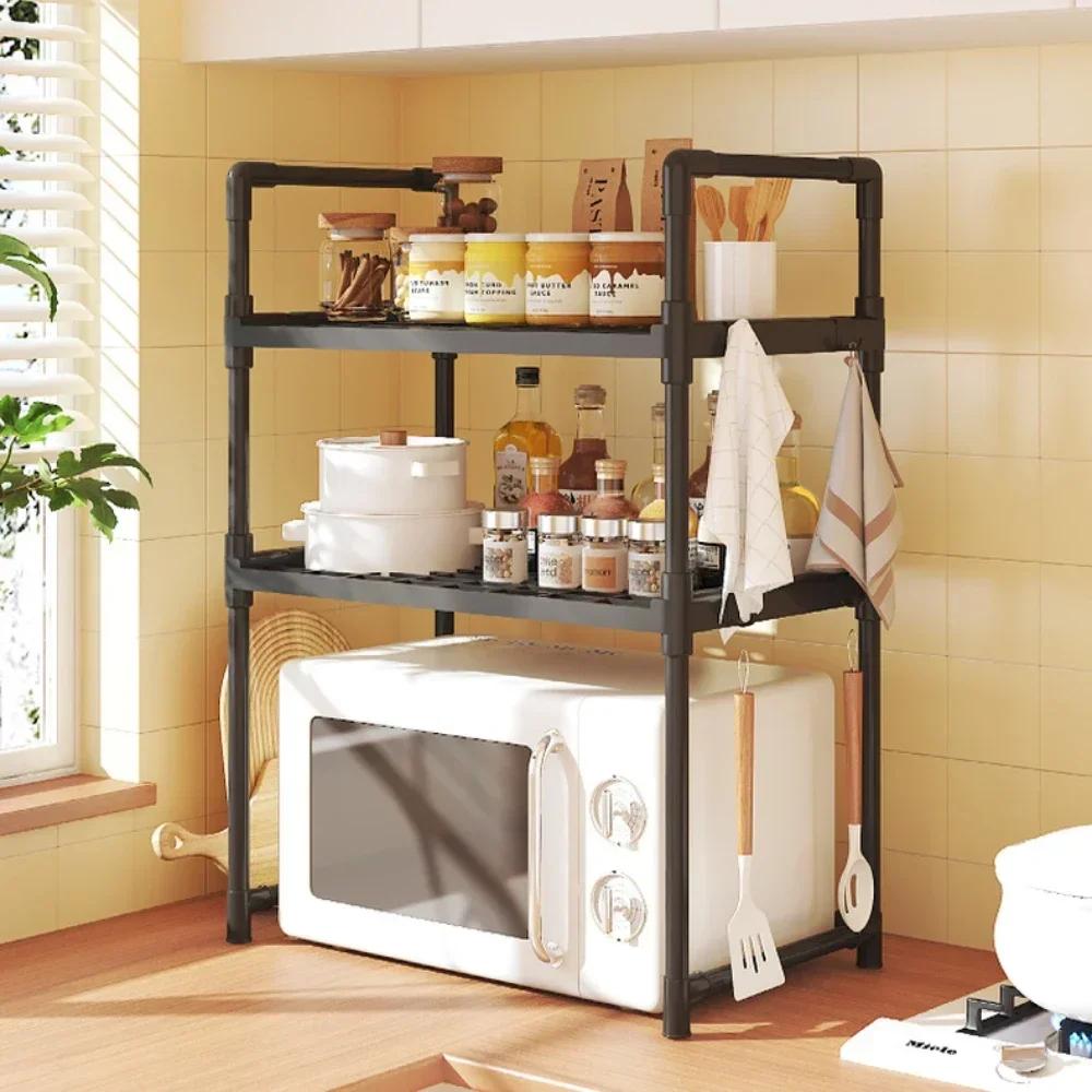 Microwave Oven Rack Kitchen Multi-storey with Hooks Seasoning Shelves Household Removable Open Ended Metal Kitchenware Storage