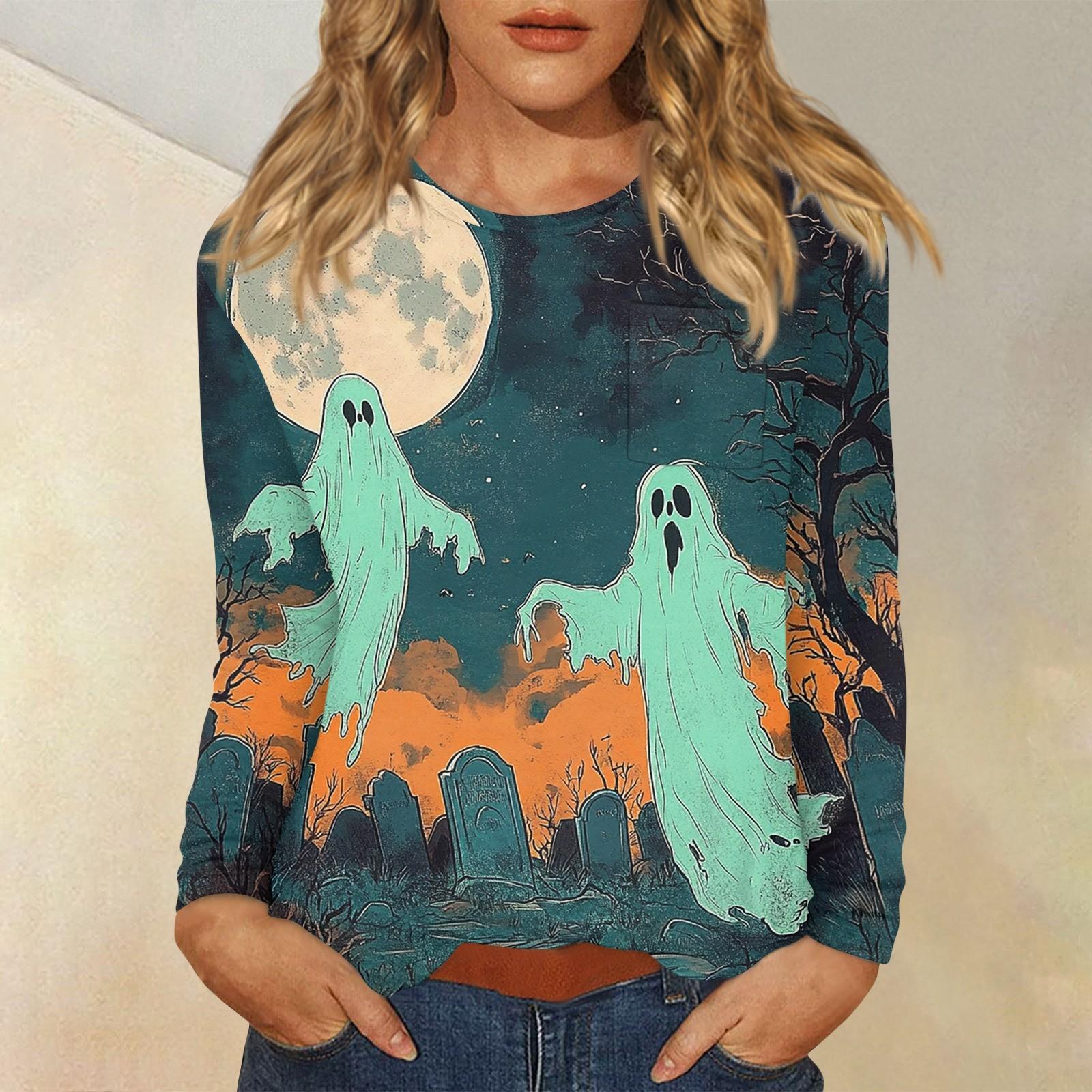 

Женский повседневный топ с длинными рукавами и круглым вырезом с принтом на тему Хэллоуина M тёмно-синий