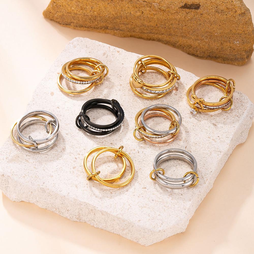 Titanium Steel Fashion Creative Plated Jewelry18k Gold Ring Three-Layer Plain Band with Inlaid Diamonds Stackable Rings Wholesale