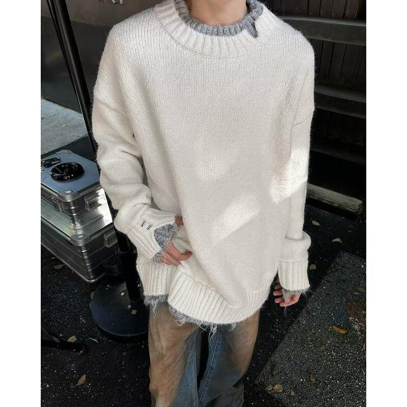

2024 Korean Style Men s Loose Two-Piece Look Round Neck Sweater - High-End Couple Knitwear 2XL білий