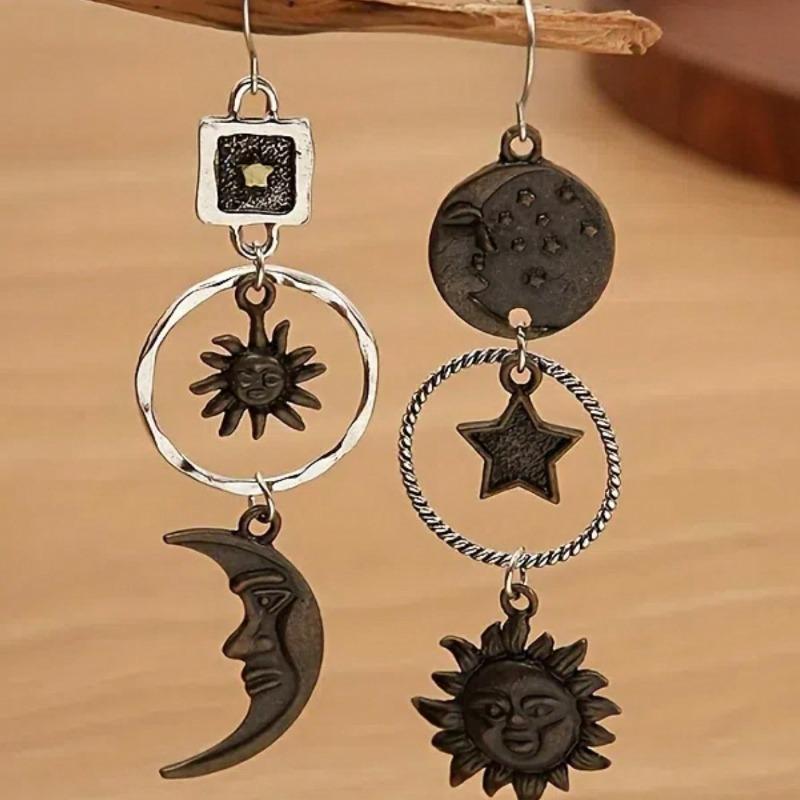 1 Pair Retro Creative Moon & Sun Long Pendant Earrings, Fashion Jewelry for Men