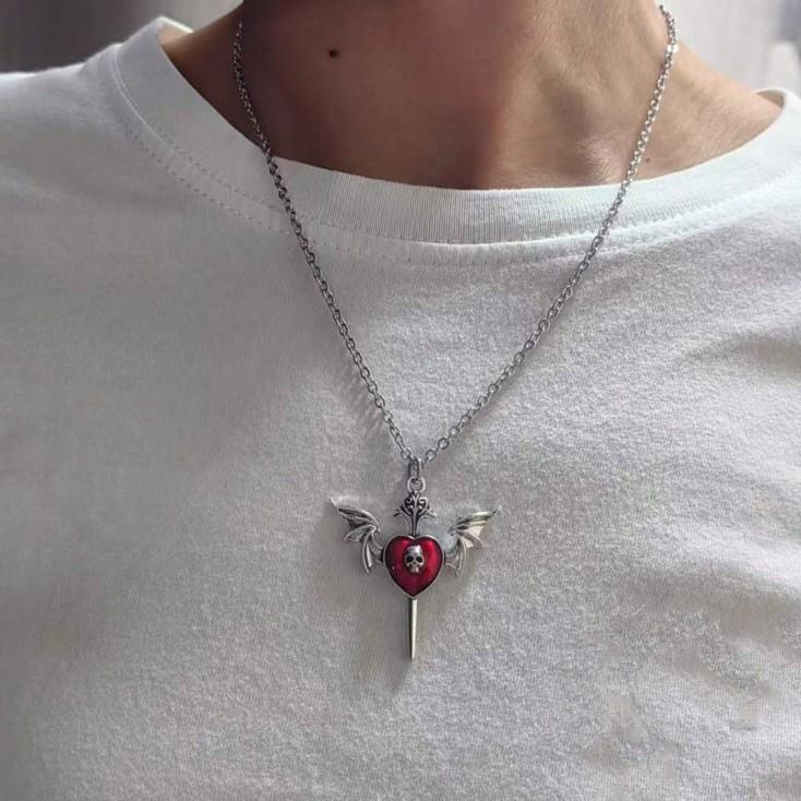 Dark Gothic Red Heart Wings Skeleton Alloy Necklace With Cross Chain For Women