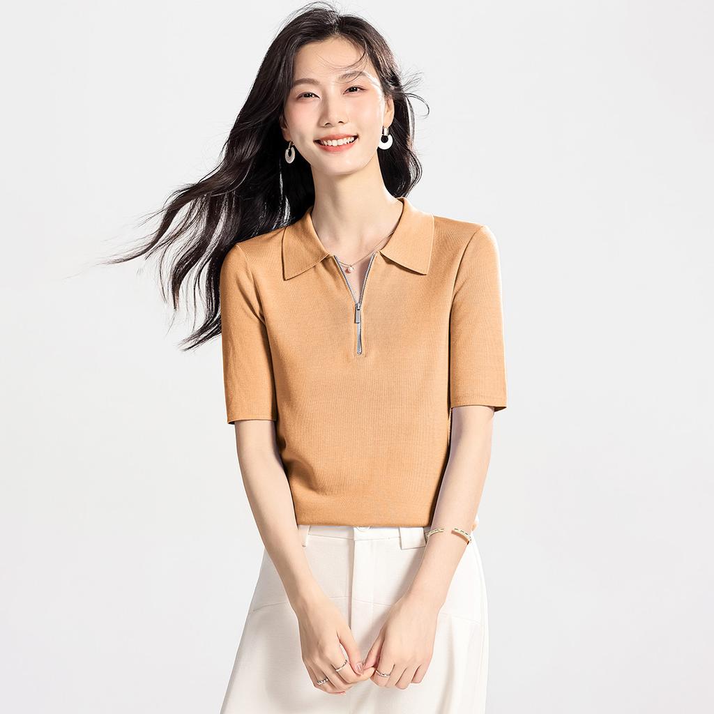 Short sleeved T-shirt with mulberry silk, polo collar, knitted sweater, women's summer high-end feeling, women's T-shirt, thin top