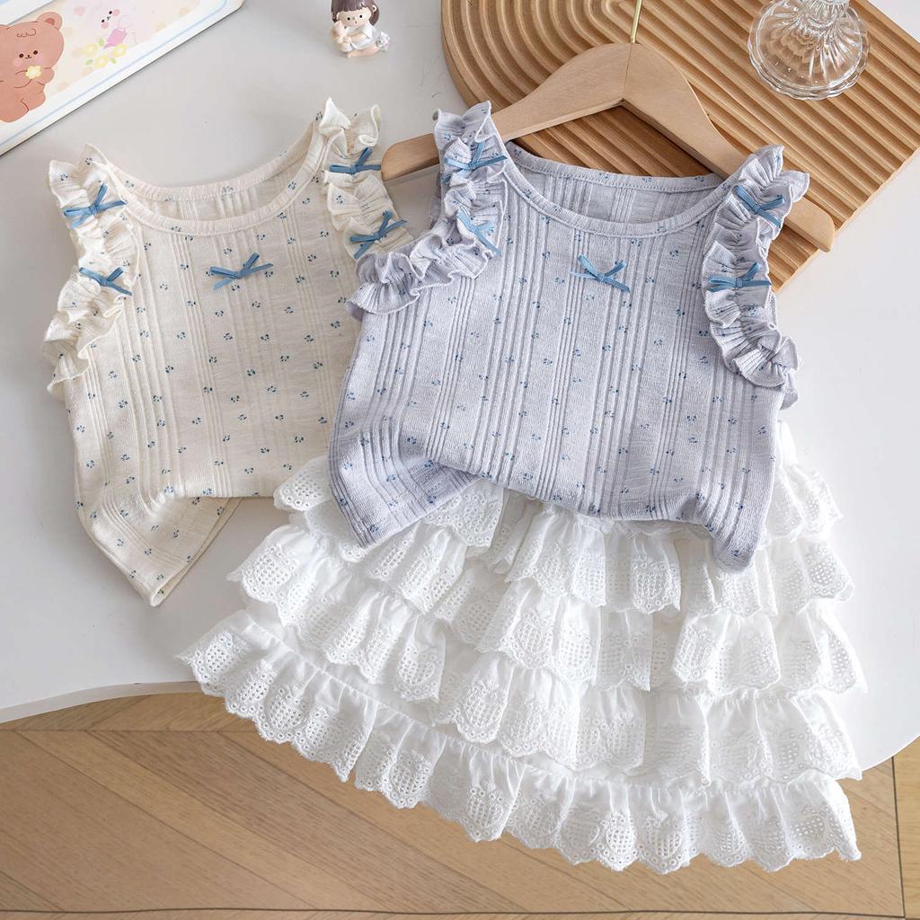 Girls Summer Mori Sweet Princess Floral Lace Embroidered Vest With Pleated Mini Skirt Two Piece Outfit Set